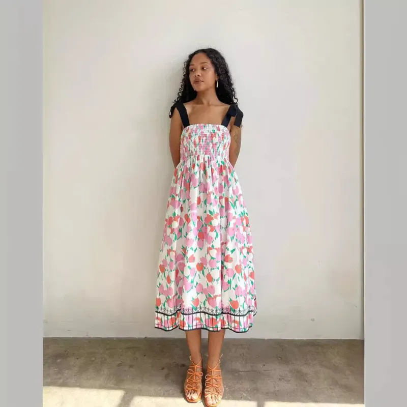 Damen Maxikleid mit floralem Print und elastischem Oberteil – Valéora
