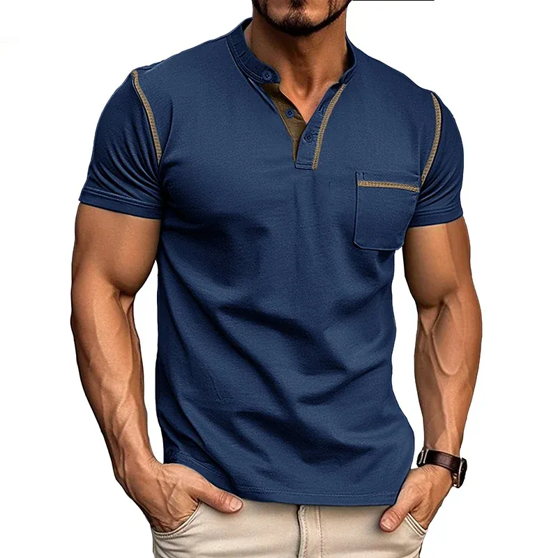 Herren Kurzarmshirt mit modischem Henley-Ausschnitt und praktischer Brusttasche – Marzano