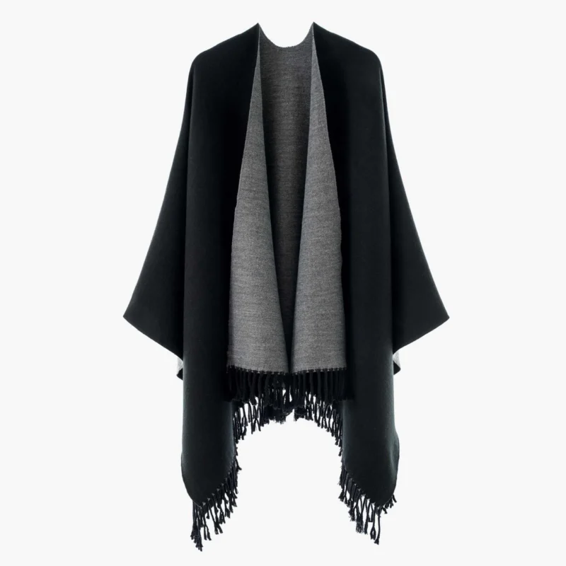 Damen Wendbarer Wollmix-Poncho mit Fransensaum und offener Front – Avérine