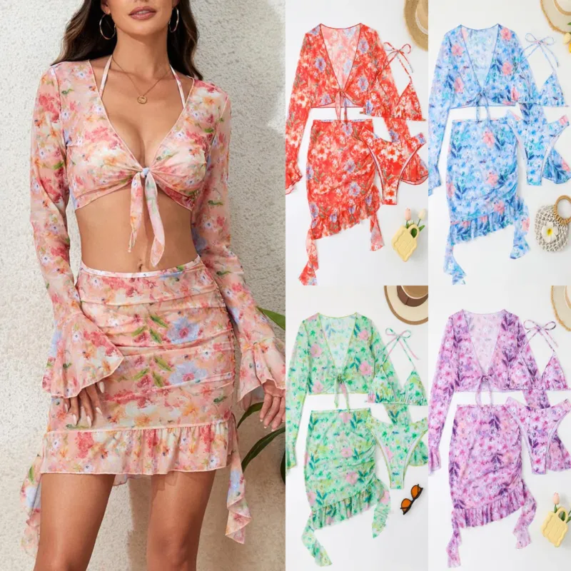 Damen Badeset mit floralem Design, kurzem Oberteil und Wickelrock – Maréssa